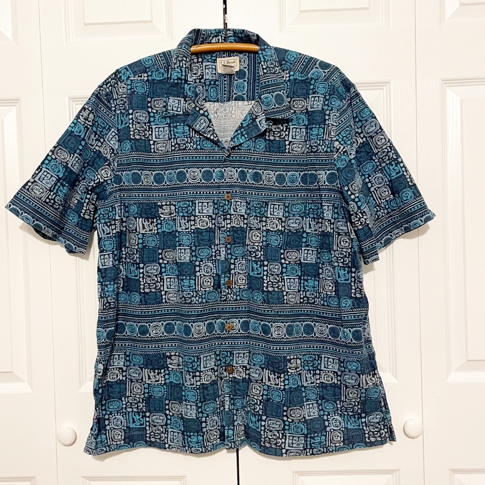 Vintage LL Bean Hawaiian Tiki Camp Shirt Button Down Short Sleeve Cotton Size XL